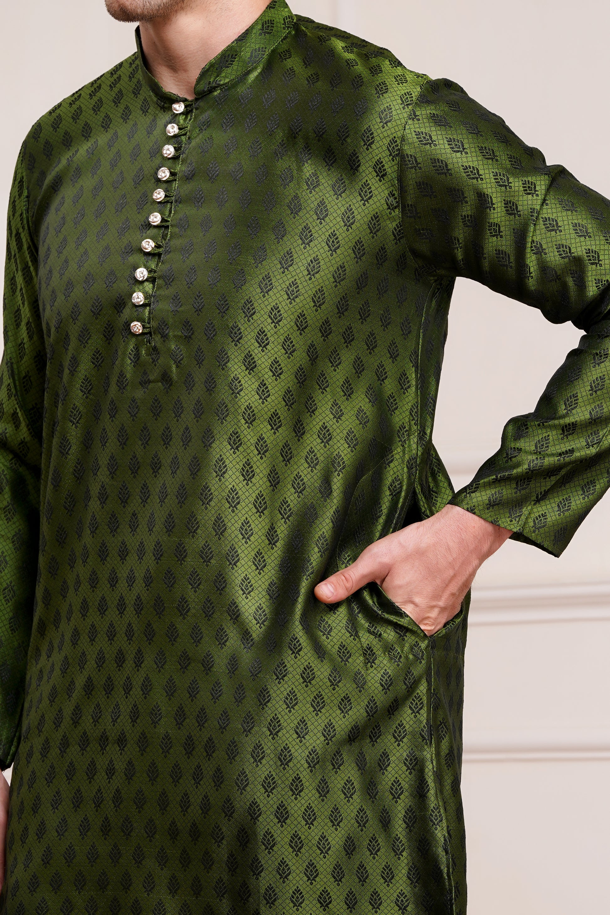 Men's bright green / henna silk kurta with gold brocade diamond pattern and white churidar pants, decorative buttons with loop closure, mandarin collar, full sleeves, side pockets - traditional Indian festive wear