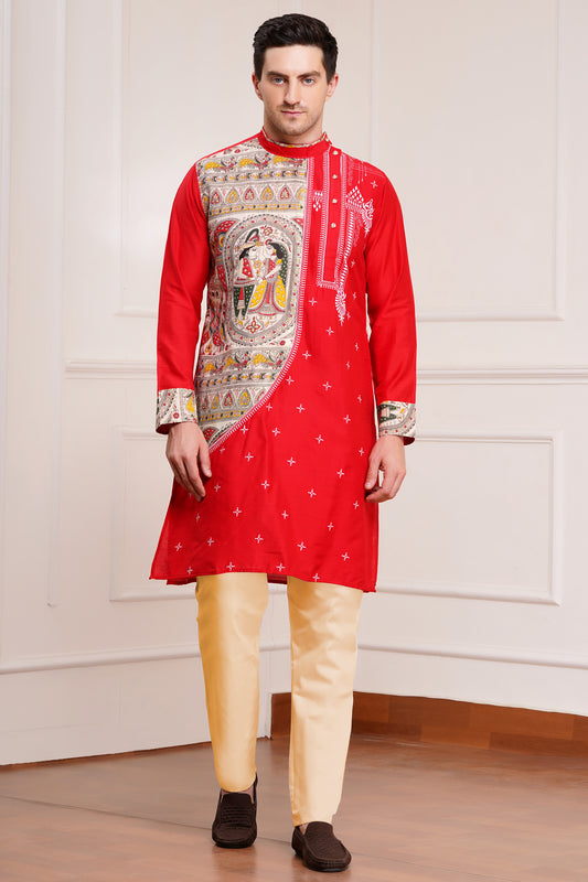 Men's red silk kurta with detailed madhubani embroidery on side and cuffs and off-white pajama pants, side pockets, side button closure, Bengal Kurta design - traditional Indian ethnic wear for Diwali and festive occasions