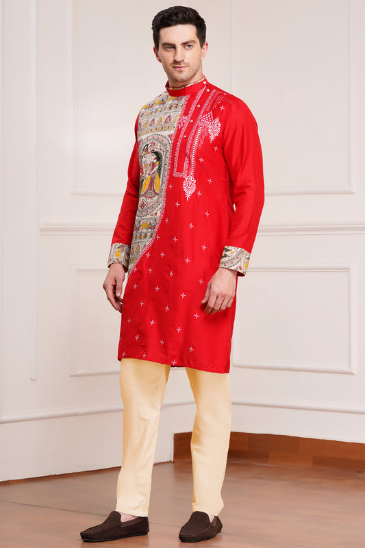 Men's red silk kurta with detailed madhubani embroidery on side and cuffs and off-white pajama pants, side pockets, side button closure, Bengal Kurta design - traditional Indian ethnic wear for Diwali and festive occasions