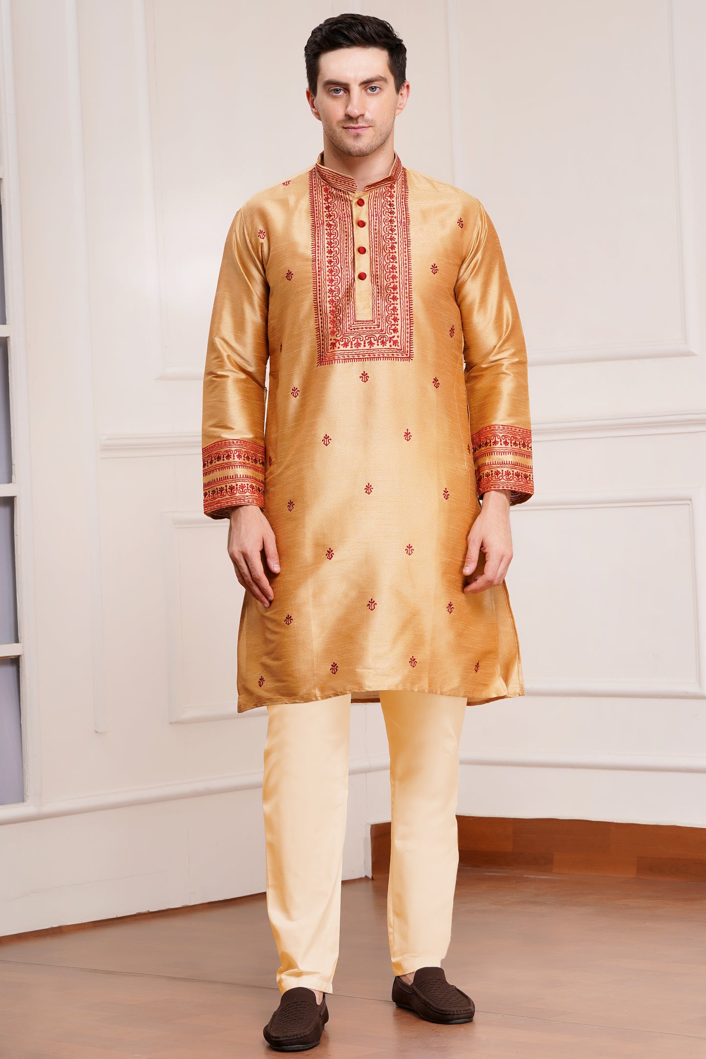 Men's beige silk kurta with maroon embroidered mandarin collar and cuffs, side pockets, full sleeves with off-white or cream pants - traditional Indian formal wear for weddings and festivals