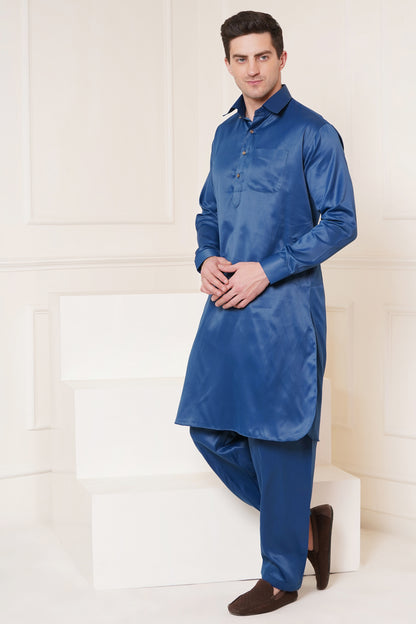 Men's soft cotton blend blue pathani suit - ideal for festive occasions and social gatherings