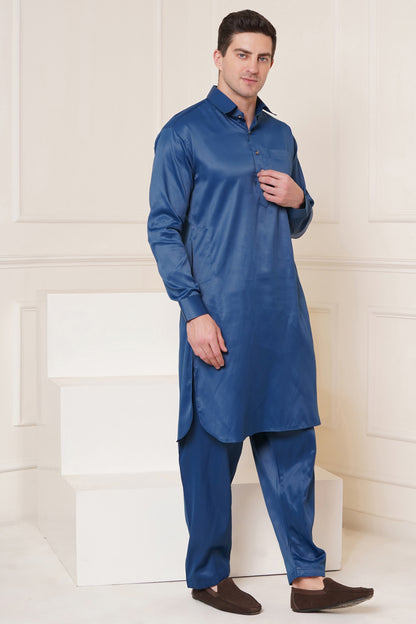 Men's soft cotton blend blue pathani suit - ideal for festive occasions and social gatherings