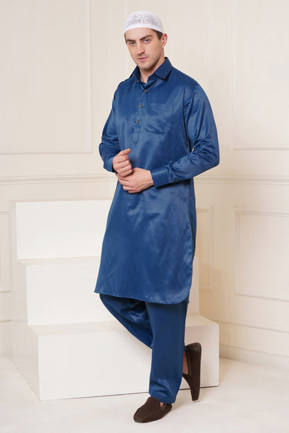 Men's soft cotton blend blue pathani suit - ideal for festive occasions and social gatherings