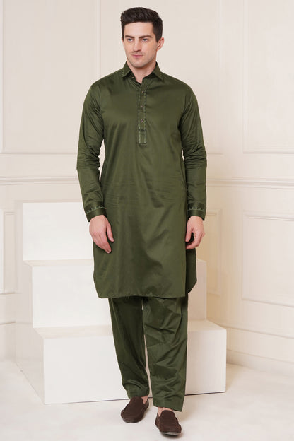 Men's soft cotton blend henna green pathani suit - ideal for festive occasions and social gatherings