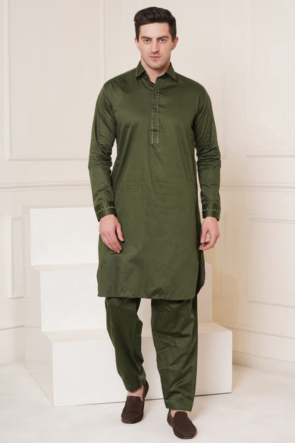 Men's soft cotton blend henna green pathani suit - ideal for festive occasions and social gatherings
