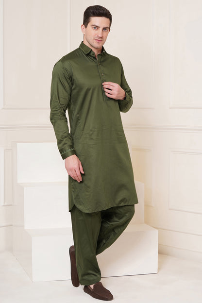Men's soft cotton blend henna green pathani suit - ideal for festive occasions and social gatherings