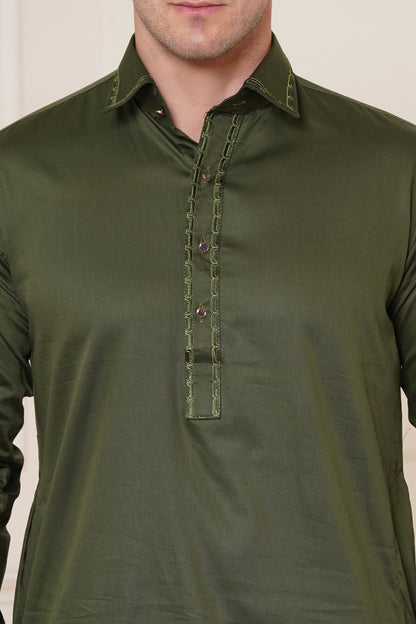 Men's soft cotton blend henna green pathani suit - ideal for festive occasions and social gatherings