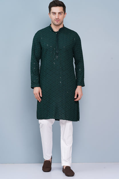Men dark green or bottle green color Kurta with sequin, full length, button closure, one fourth placket, full sleeves, mandarin collar, side pockets, traditional ethnic wear for festivals, family occasions, wedding, house warming, casual wear