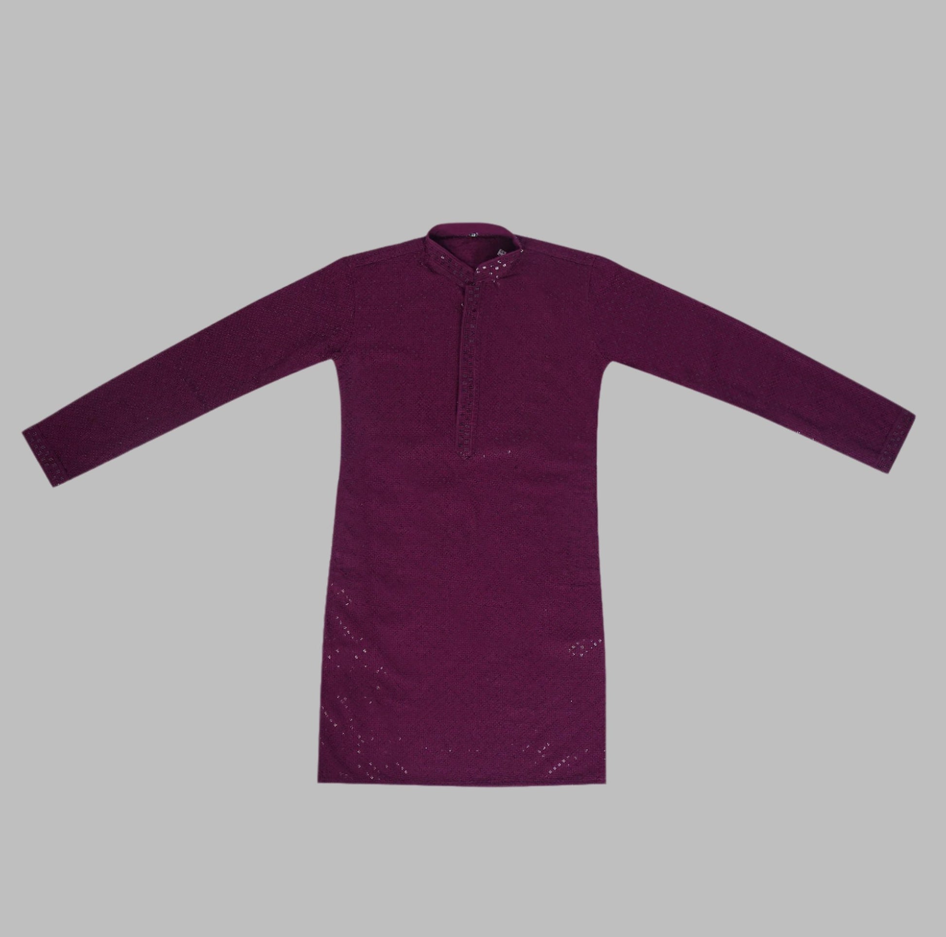 Men's wine maroon kurta with thread embroidery and sequin work, band collar, button placket, perfect for special and festive occasions - Indian ethnic wear