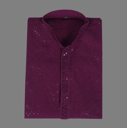 Men's wine maroon kurta with thread embroidery and sequin work, band collar, button placket, perfect for special and festive occasions - Indian ethnic wear