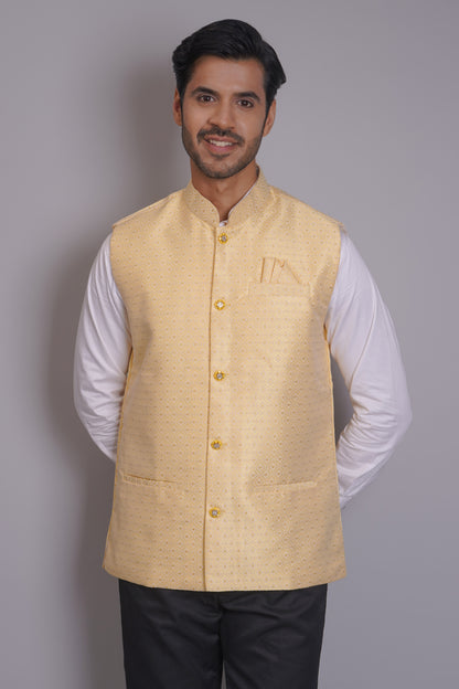 Men's light yellow cotton Nehru jacket with subtle self-print pattern, gold buttons, and mandarin collar - perfect for casual and festive occasions