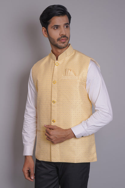 Men's light yellow cotton Nehru jacket with subtle self-print pattern, gold buttons, and mandarin collar - perfect for casual and festive occasions