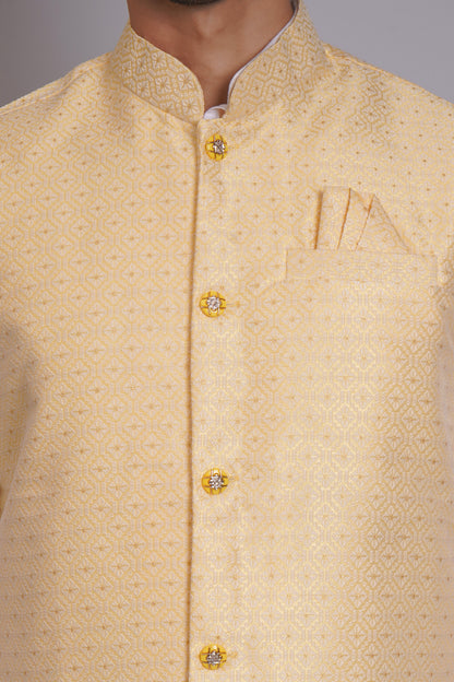 Men's light yellow cotton Nehru jacket with subtle self-print pattern, gold buttons, and mandarin collar - perfect for casual and festive occasions