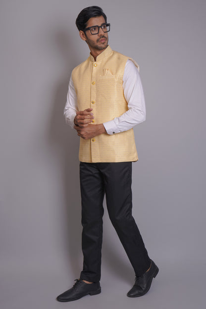 Men's light yellow cotton Nehru jacket with subtle self-print pattern, gold buttons, and mandarin collar - perfect for casual and festive occasions