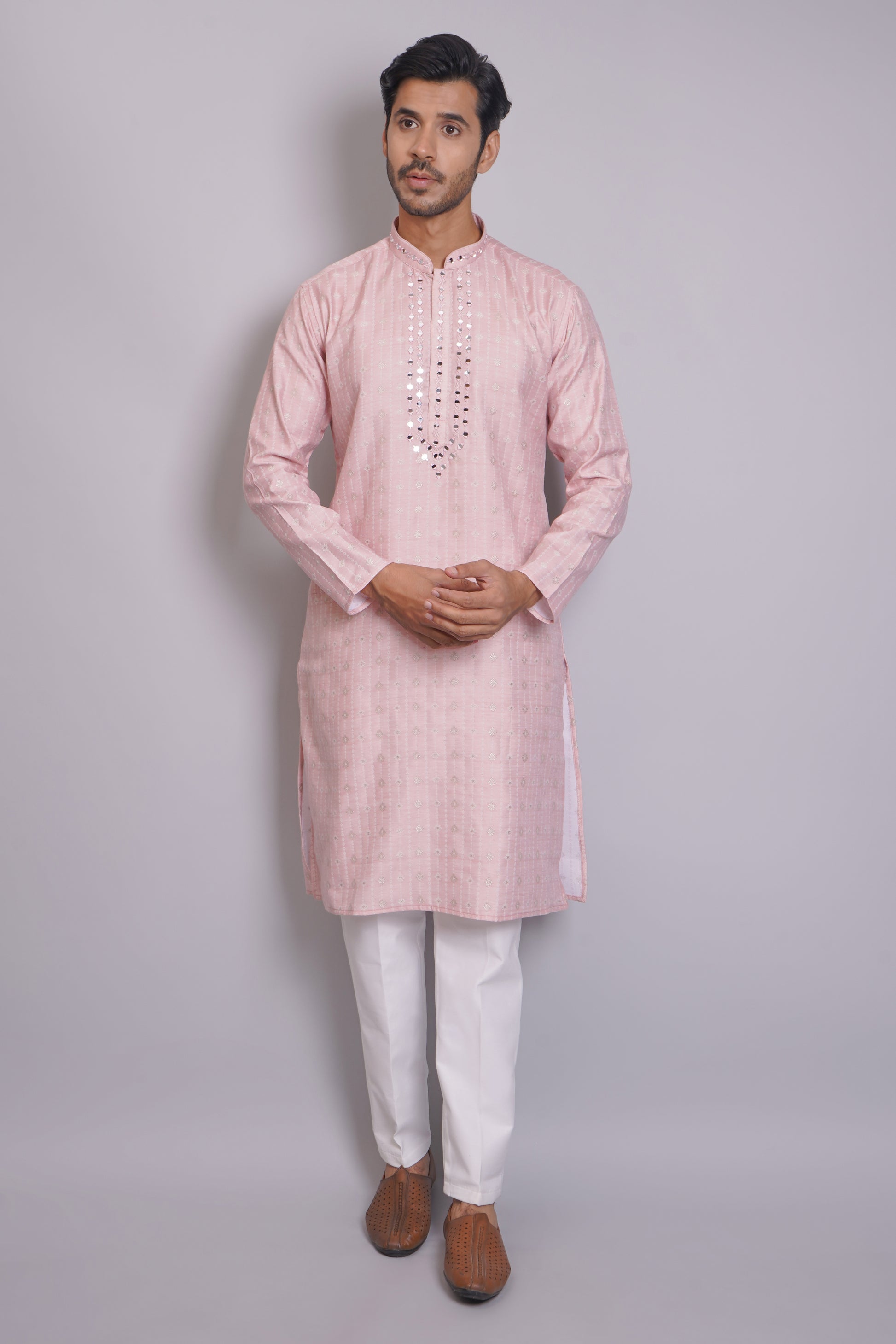 Men's pink kurta with mirror embroidered neckline paired with white churidar, mandarin collar, side pockets, full sleeves - premium Indian formal wear for weddings and special occasions