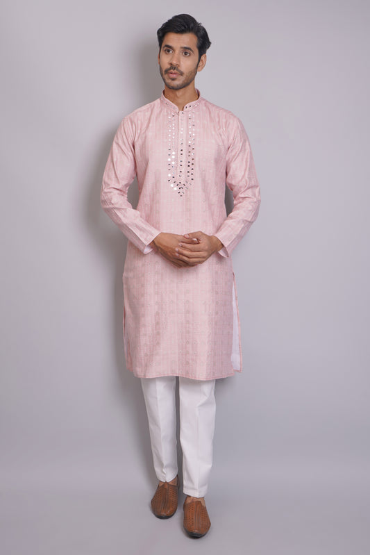 Men's pink kurta with mirror embroidered neckline paired with white churidar, mandarin collar, side pockets, full sleeves - premium Indian formal wear for weddings and special occasions