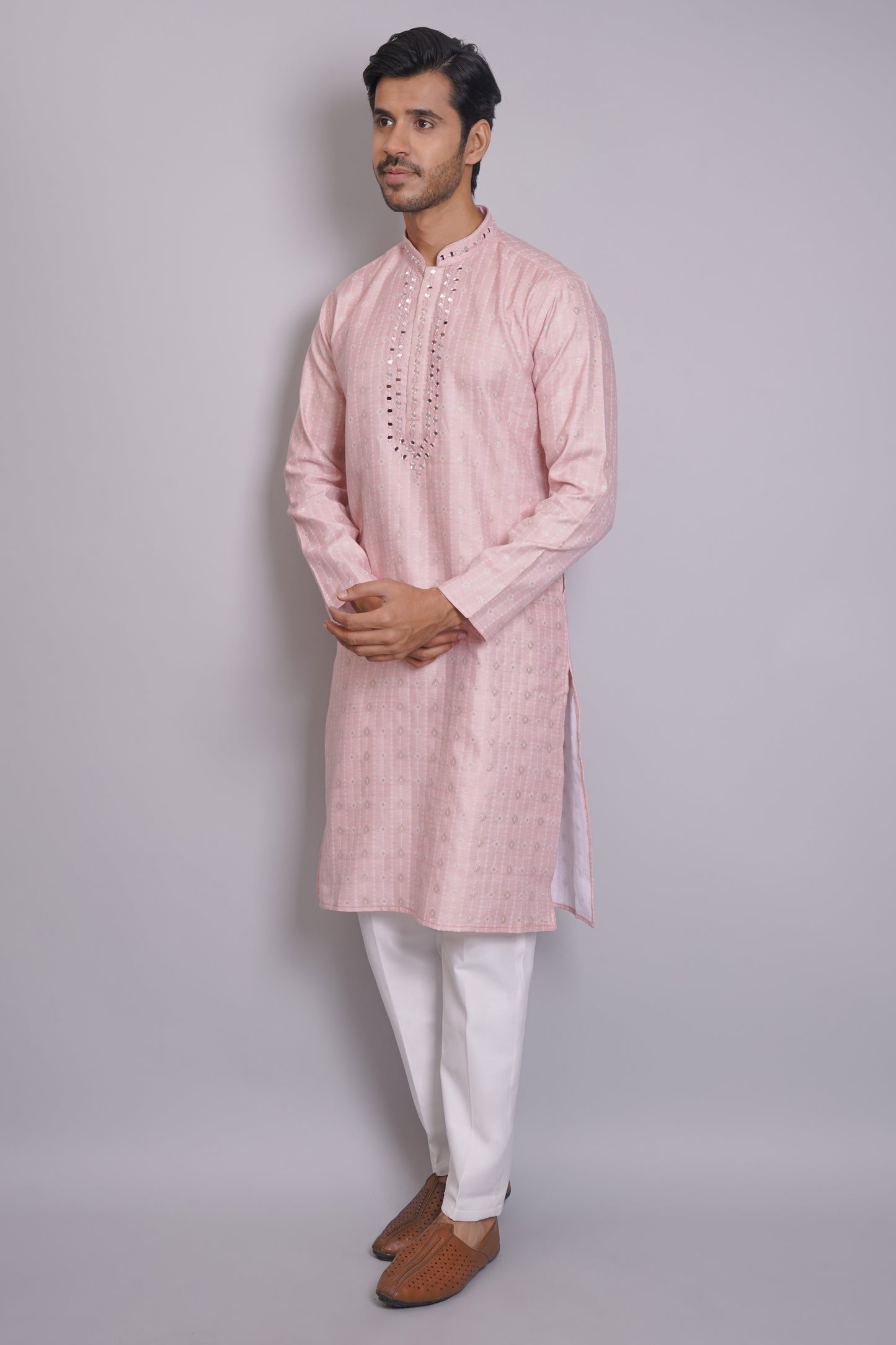 Men's pink kurta with mirror embroidered neckline paired with white churidar, mandarin collar, side pockets, full sleeves - premium Indian formal wear for weddings and special occasions