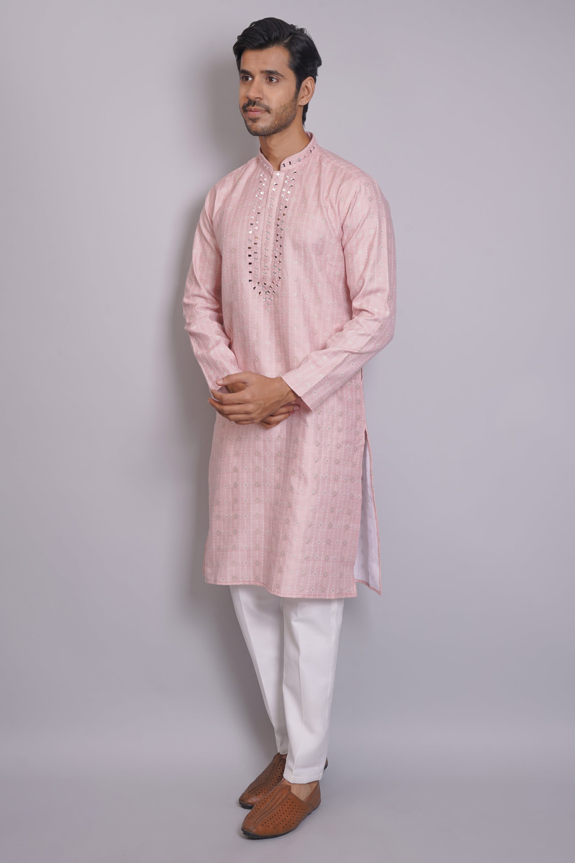 Men's pink kurta with mirror embroidered neckline paired with white churidar, mandarin collar, side pockets, full sleeves - premium Indian formal wear for weddings and special occasions