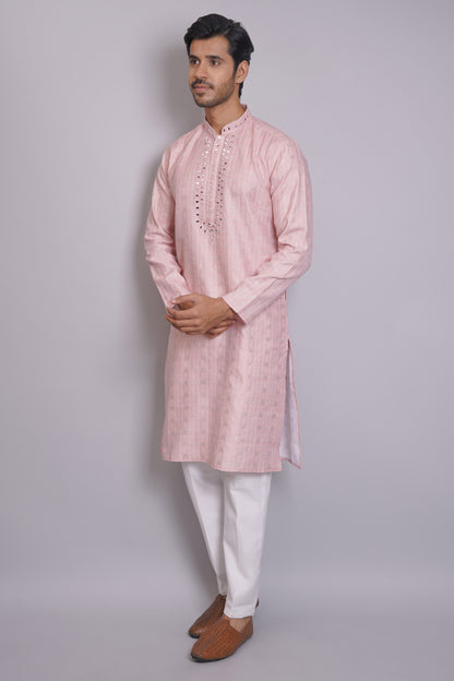 Men's pink kurta with mirror embroidered neckline paired with white churidar, mandarin collar, side pockets, full sleeves - premium Indian formal wear for weddings and special occasions