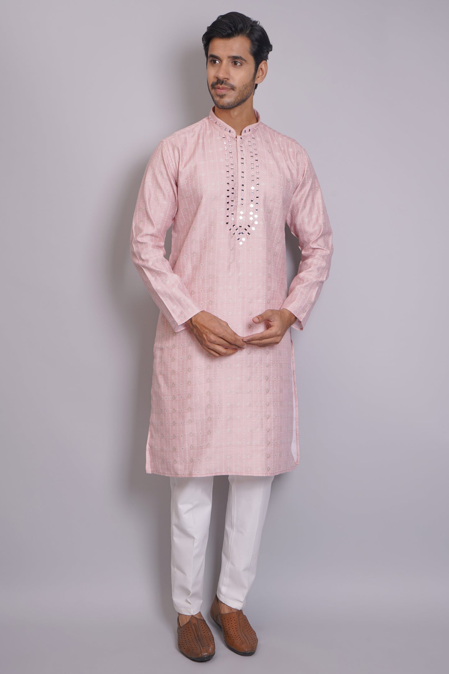 Men's pink kurta with mirror embroidered neckline paired with white churidar, mandarin collar, side pockets, full sleeves - premium Indian formal wear for weddings and special occasions