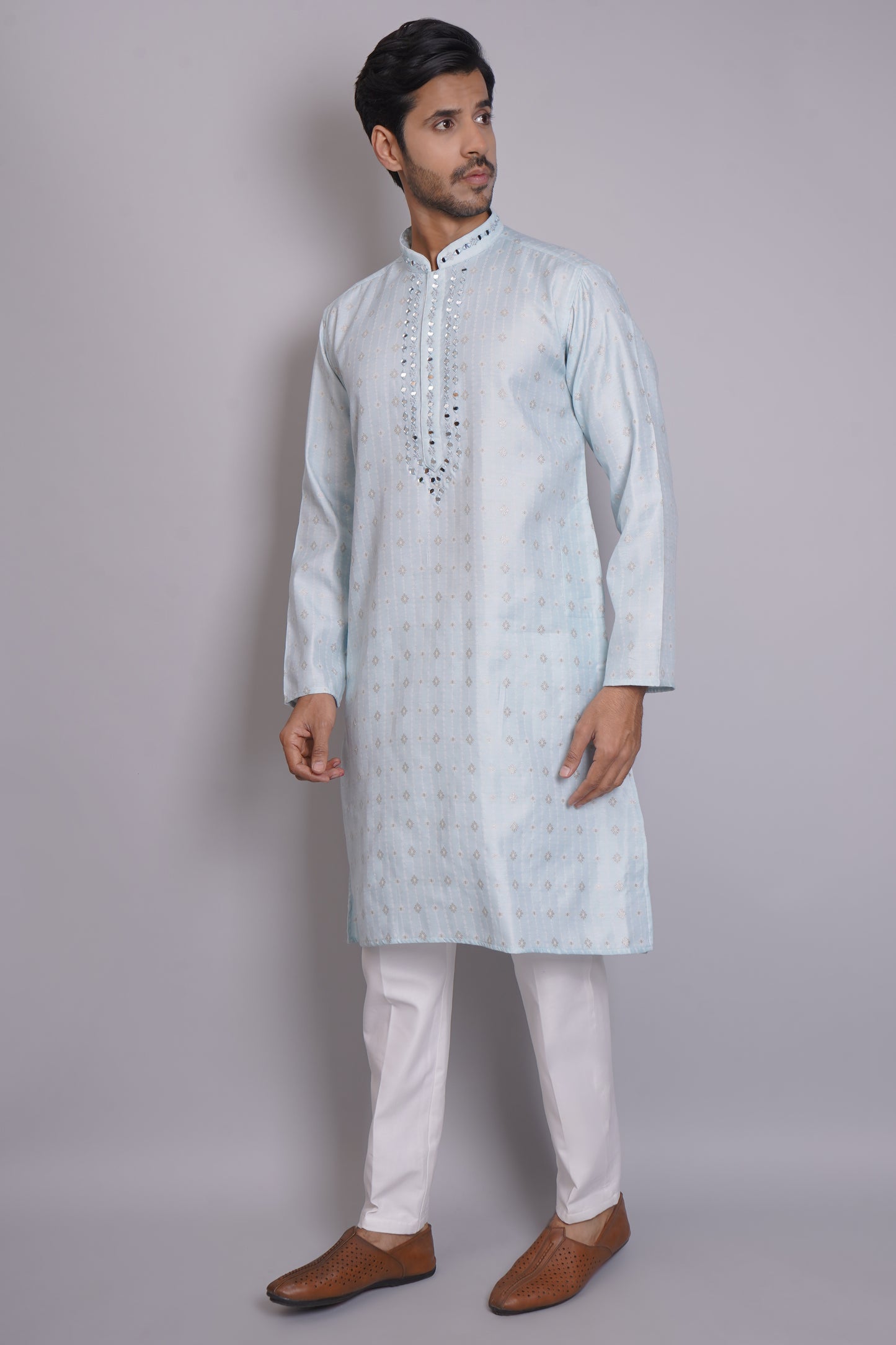 Men's light blue kurta with mirror embroidered neckline paired with white churidar, mandarin collar, side pockets, full sleeves - premium Indian formal wear for weddings and special occasions