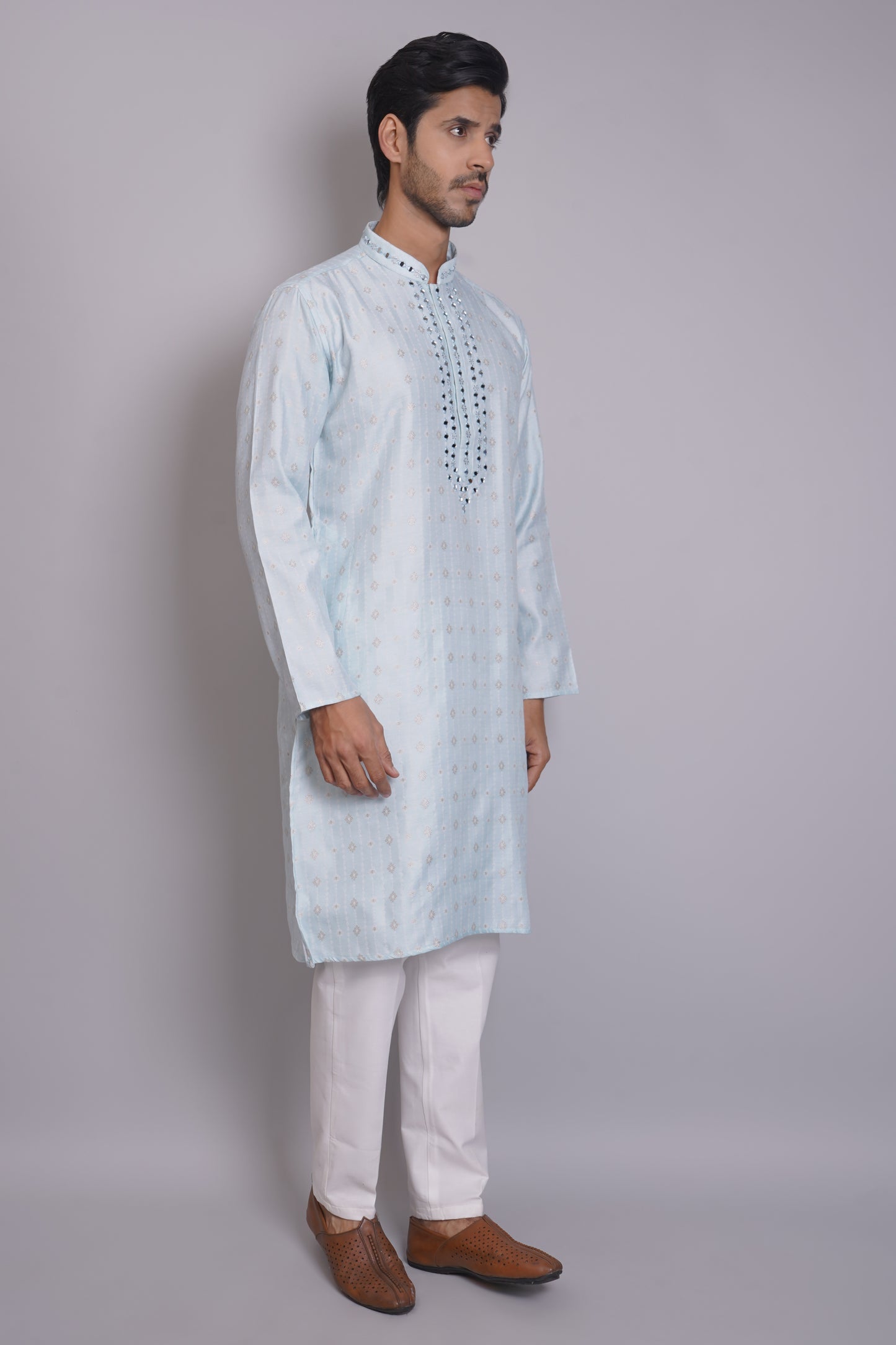 Men's light blue kurta with mirror embroidered neckline paired with white churidar, mandarin collar, side pockets, full sleeves - premium Indian formal wear for weddings and special occasions