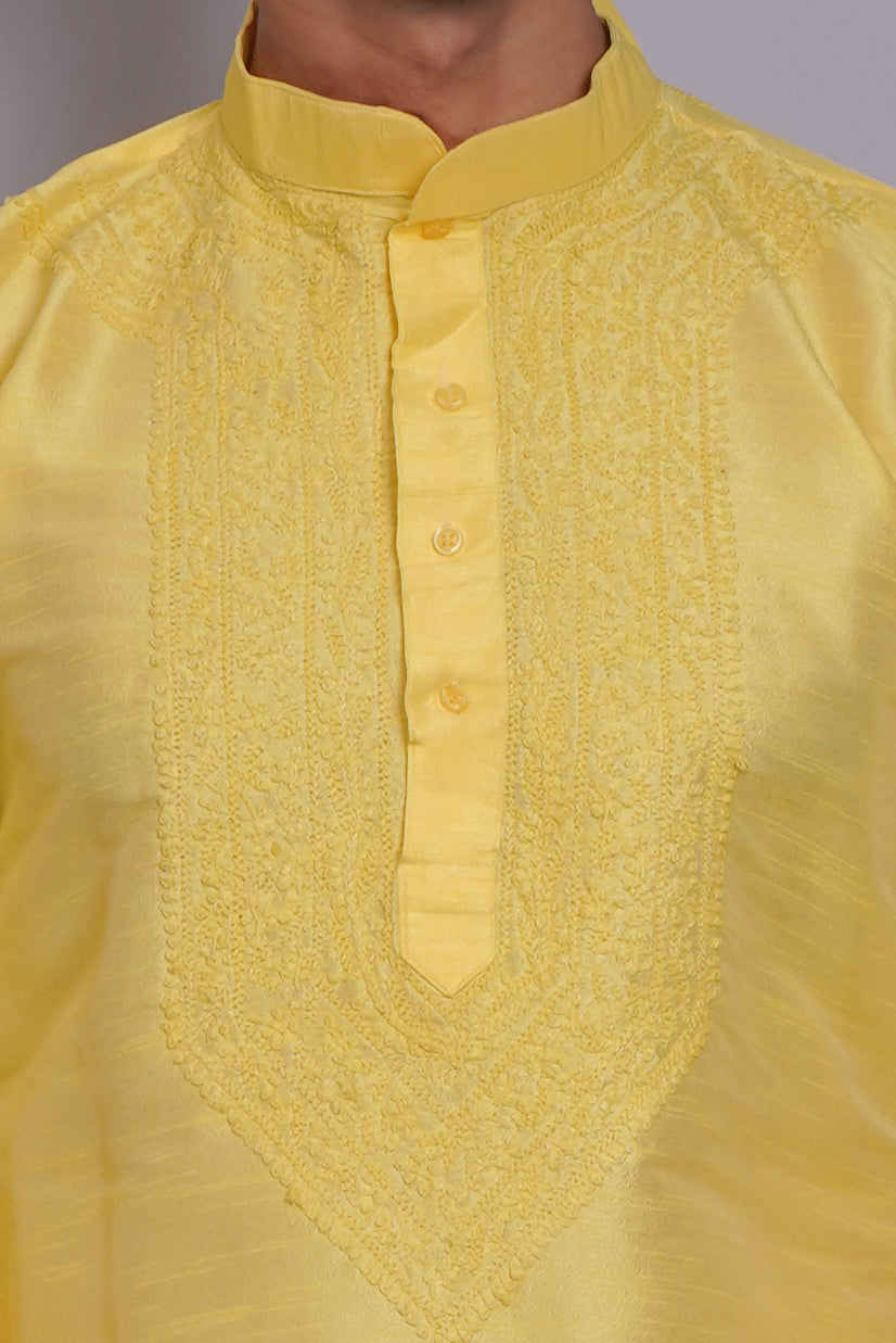Men's yellow chikankari kurta with embroidered chest panel, band collar, long sleeves, perfect for festive and special occasions - Indian ethnic wear