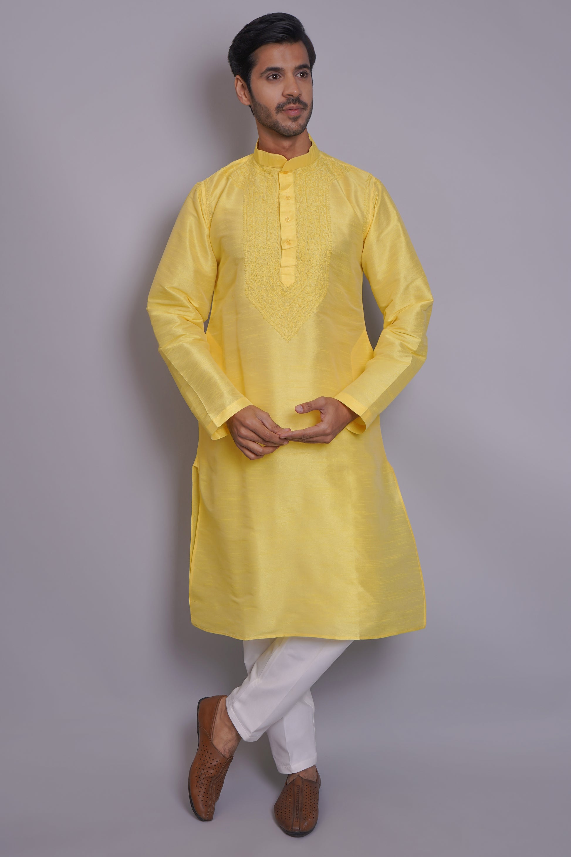 Men's yellow chikankari kurta with embroidered chest panel, band collar, long sleeves, perfect for festive and special occasions - Indian ethnic wear