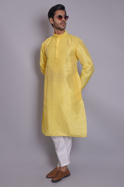 Men's yellow chikankari kurta with embroidered chest panel, band collar, long sleeves, perfect for festive and special occasions - Indian ethnic wear