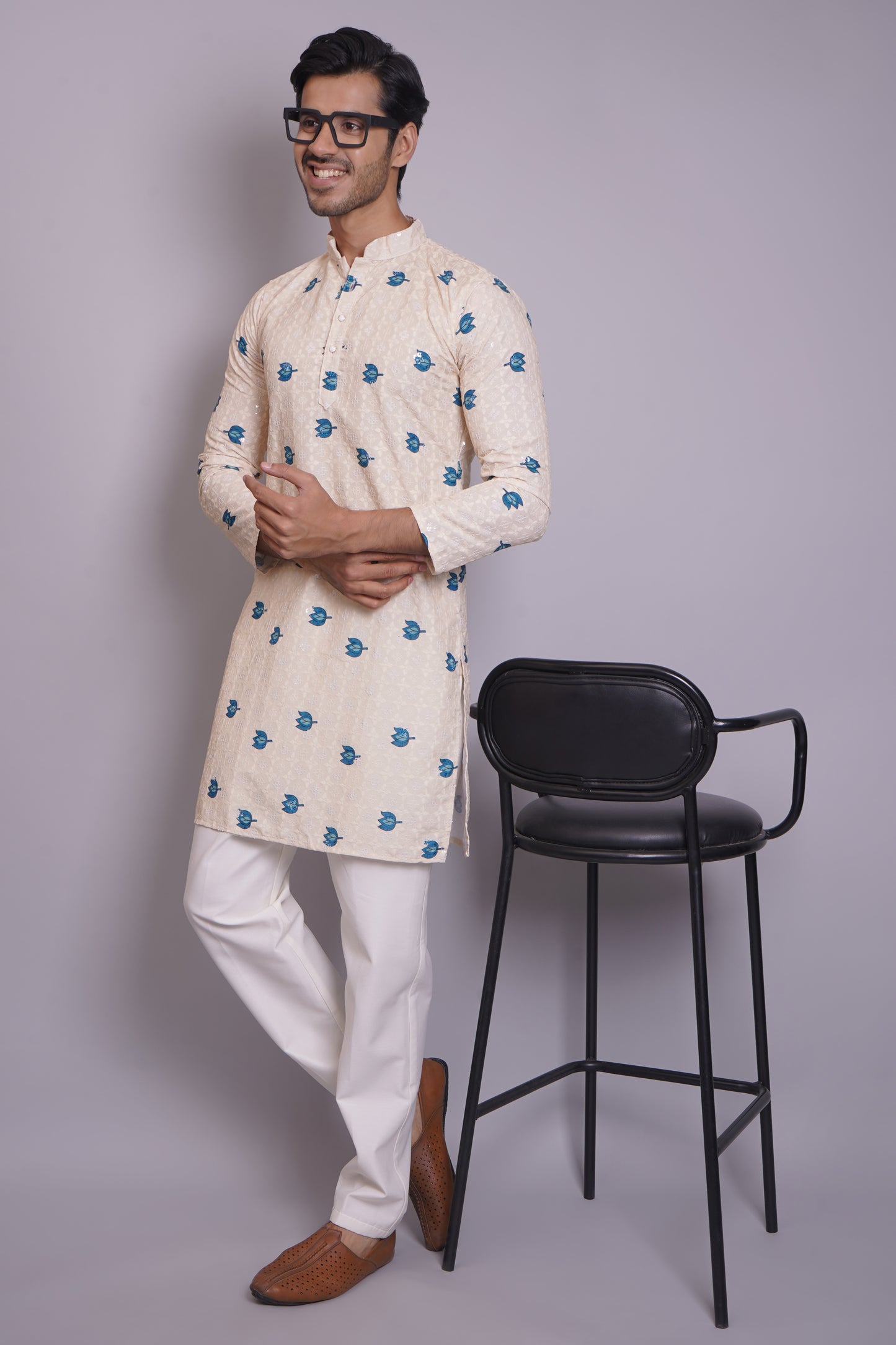 Men's off-white or cream kurta with Pichkari floral print and colorful traditional border design, mandarin collar, button closure, full length, side pockets - casual and social occasions Indian wear