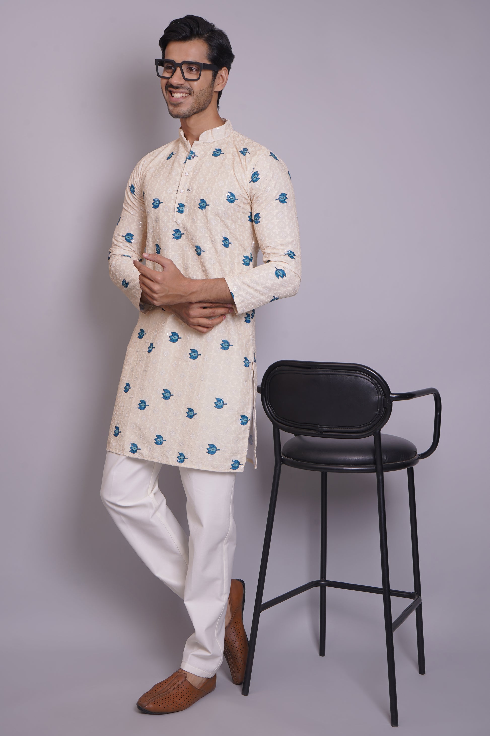 Men's off-white or cream kurta with Pichkari floral print and colorful traditional border design, mandarin collar, button closure, full length, side pockets - casual and social occasions Indian wear
