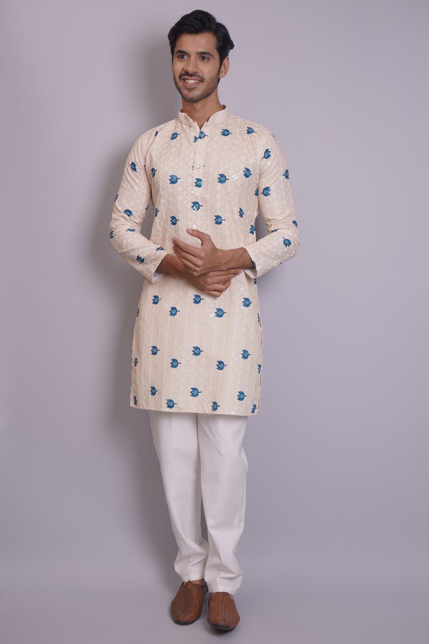 Men's off-white or cream kurta with Pichkari floral print and colorful traditional border design, mandarin collar, button closure, full length, side pockets - casual and social occasions Indian wear