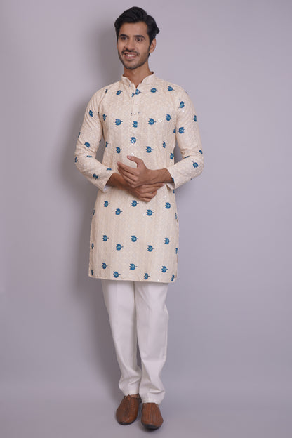 Men's off-white or cream kurta with Pichkari floral print and colorful traditional border design, mandarin collar, button closure, full length, side pockets - casual and social occasions Indian wear