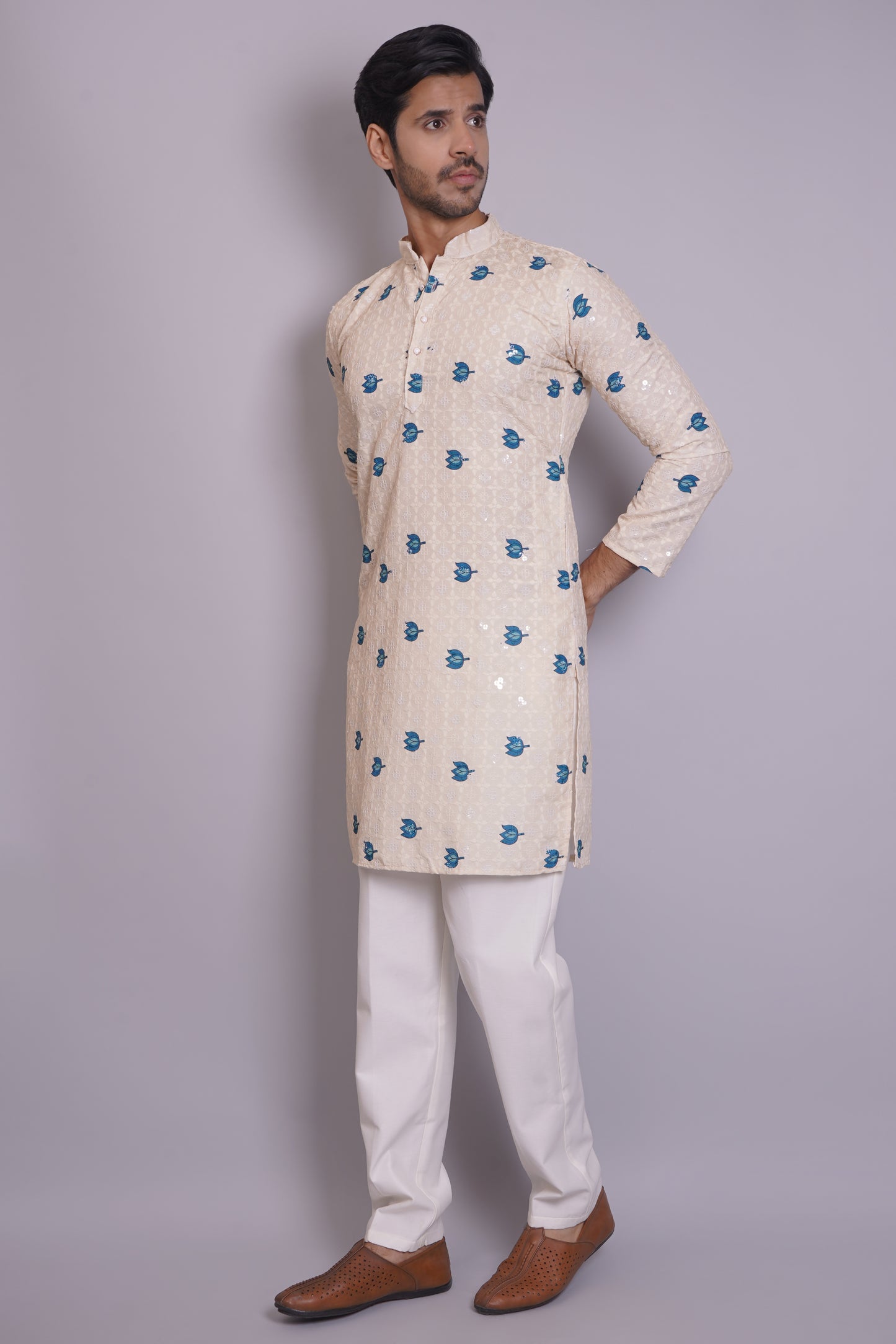 Men's off-white or cream kurta with Pichkari floral print and colorful traditional border design, mandarin collar, button closure, full length, side pockets - casual and social occasions Indian wear