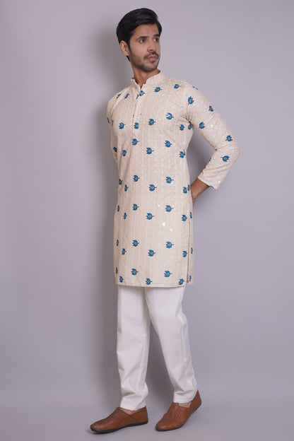 Men's off-white or cream kurta with Pichkari floral print and colorful traditional border design, mandarin collar, button closure, full length, side pockets - casual and social occasions Indian wear