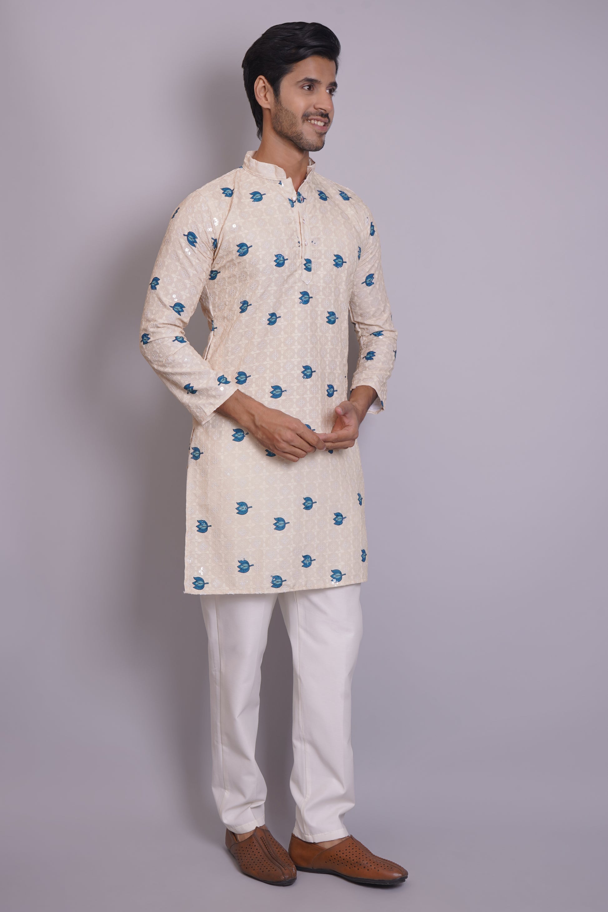 Men's off-white or cream kurta with Pichkari floral print and colorful traditional border design, mandarin collar, button closure, full length, side pockets - casual and social occasions Indian wear