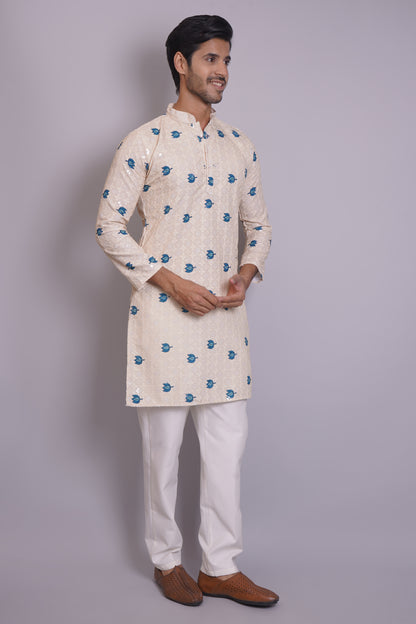 Men's off-white or cream kurta with Pichkari floral print and colorful traditional border design, mandarin collar, button closure, full length, side pockets - casual and social occasions Indian wear