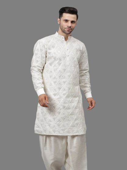 Men's off-white cotton blend geometric sequence design kurta with matching salwar, traditional Indian ethnic wear with intricate threadwork for festivals and weddings
