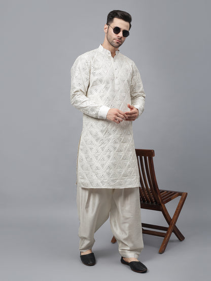 Men's off-white cotton blend geometric sequence design kurta with matching salwar, traditional Indian ethnic wear with intricate threadwork for festivals and weddings