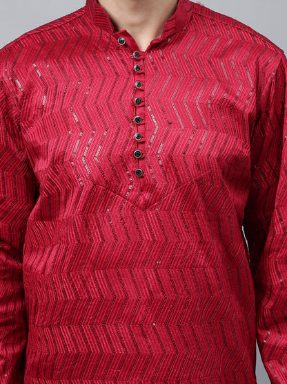 Men's bright red silk kurta with chevron pattern and black salwar - traditional Indian ethnic wear for festivals and social gatherings