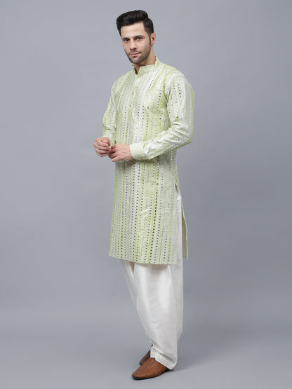 Men's light green kurta with captivating sequined geometric design and mandarin collar paired with off-white salwar pants-ideal for special occasions, festivals and weddings