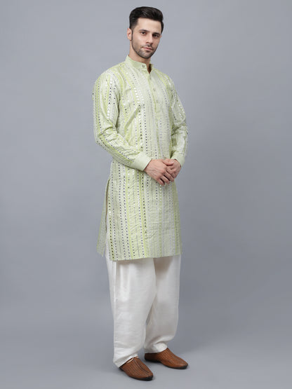 Men's light green kurta with captivating sequined geometric design and mandarin collar paired with off-white salwar pants-ideal for special occasions, festivals and weddings