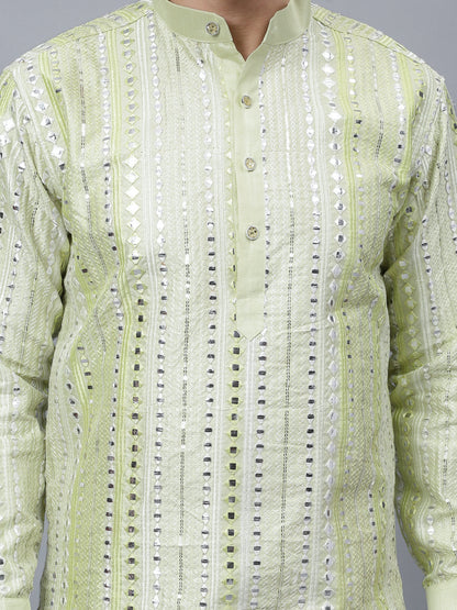 Men's light green kurta with captivating sequined geometric design and mandarin collar paired with off-white salwar pants-ideal for special occasions, festivals and weddings