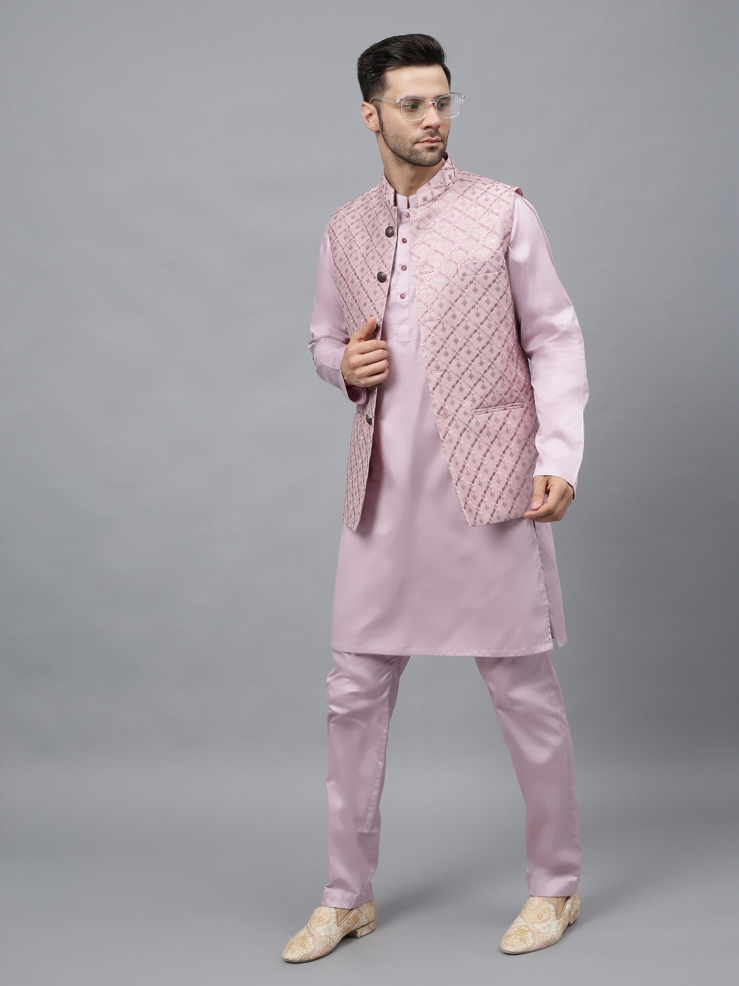 Men's pink embroidered Nehru jacket with quilted diamond pattern and mandarin collar for Indian ethnic wear