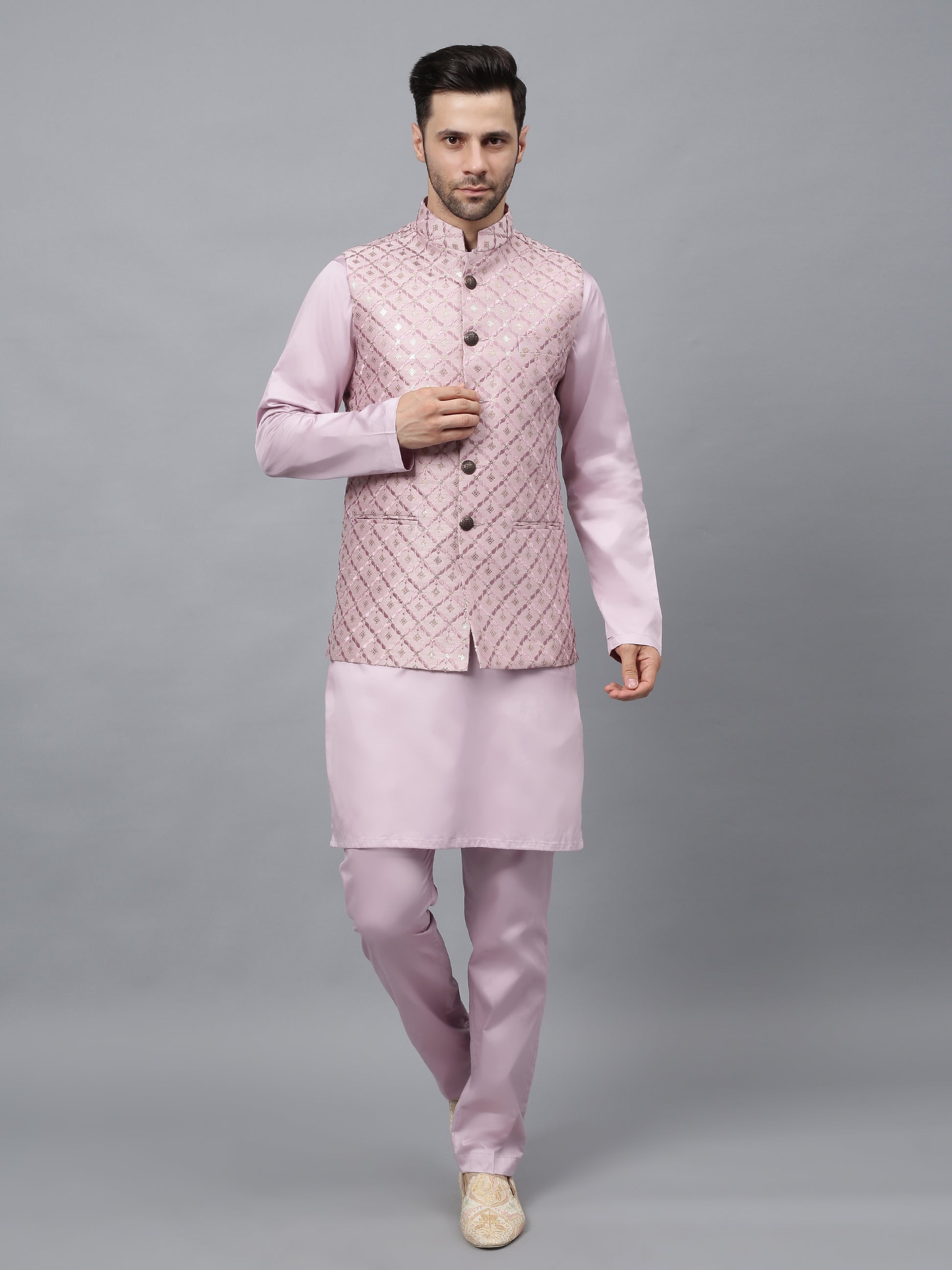 Men's pink embroidered Nehru jacket with quilted diamond pattern and mandarin collar for Indian ethnic wear