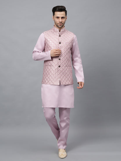 Men's pink embroidered Nehru jacket with quilted diamond pattern and mandarin collar for Indian ethnic wear