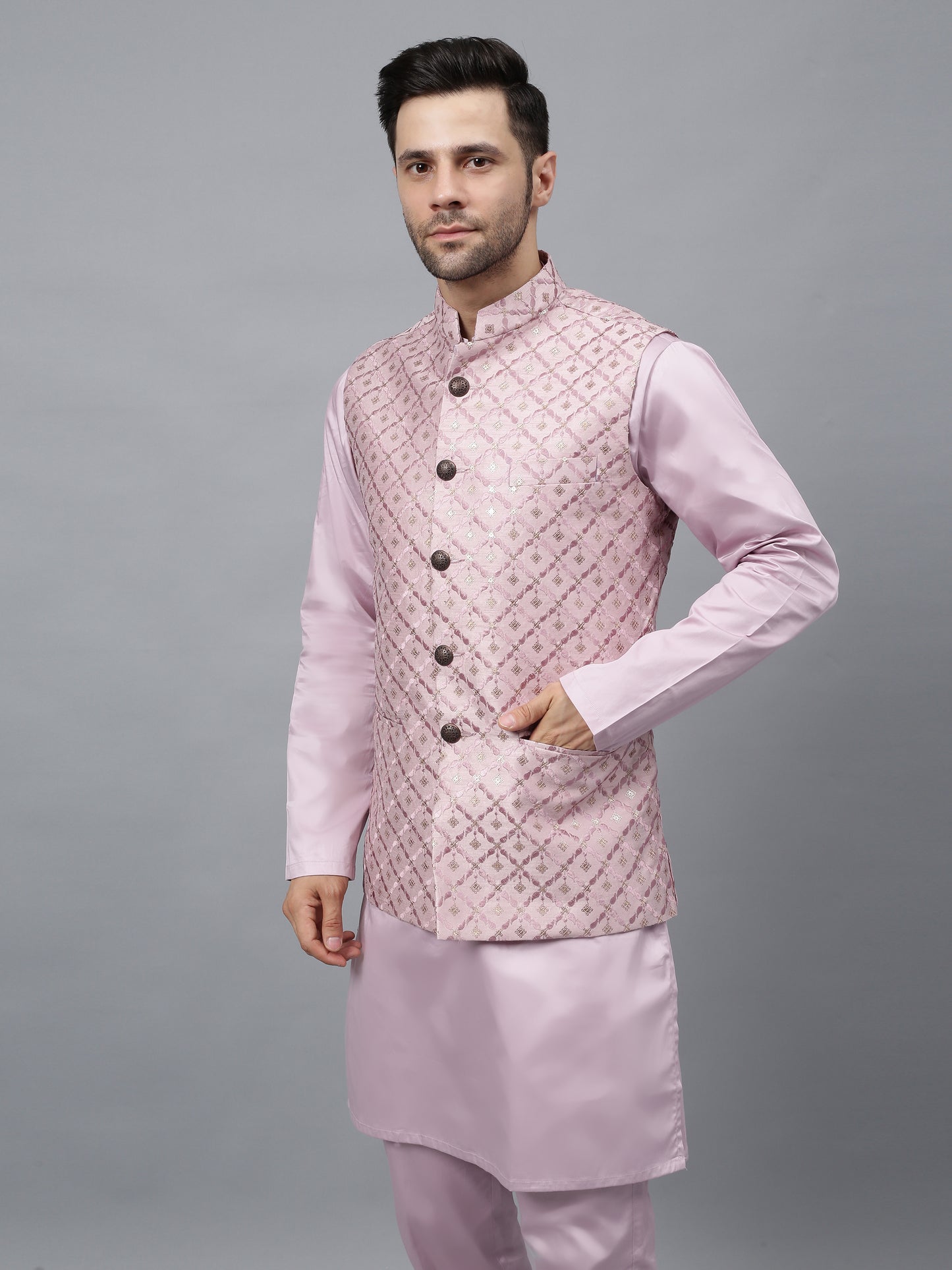 Men's pink embroidered Nehru jacket with quilted diamond pattern and mandarin collar for Indian ethnic wear