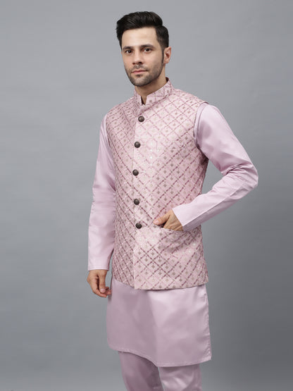 Men's pink embroidered Nehru jacket with quilted diamond pattern and mandarin collar for Indian ethnic wear