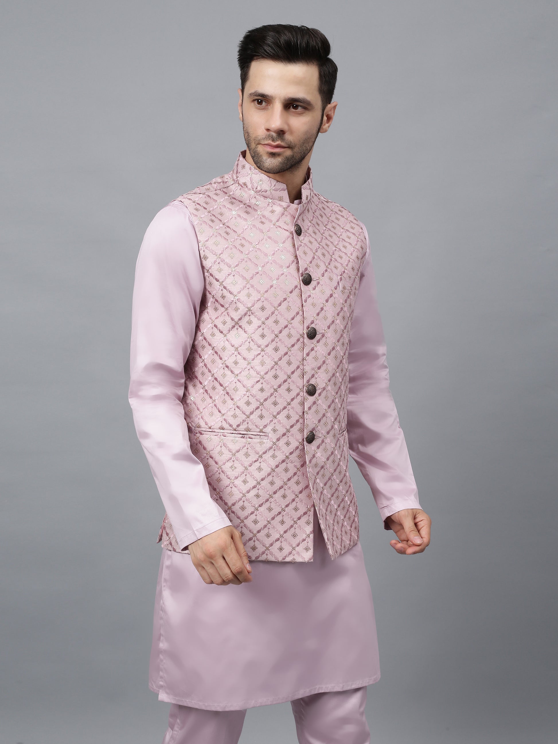Men's pink embroidered Nehru jacket with quilted diamond pattern and mandarin collar for Indian ethnic wear