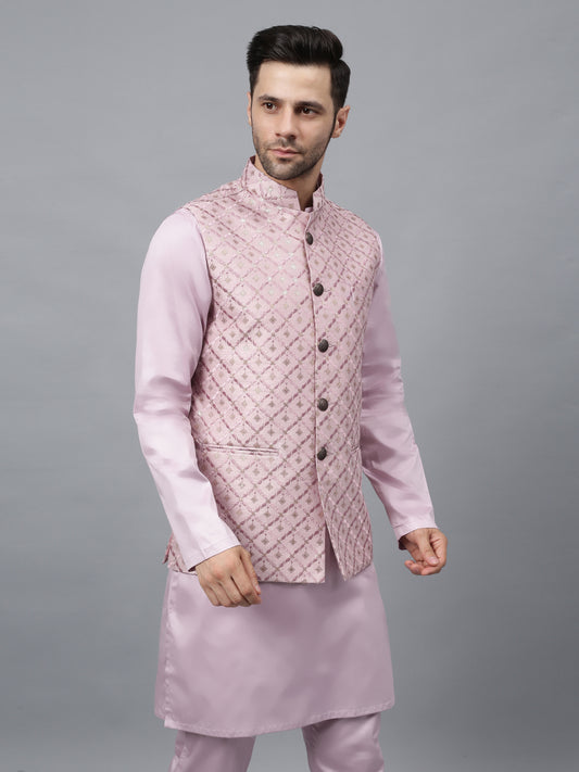 Men's pink embroidered Nehru jacket with quilted diamond pattern and mandarin collar for Indian ethnic wear